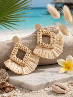 Boho Chic Raffia Statement Earrings | Handmade Beach Vibes Resortwear Jewelry